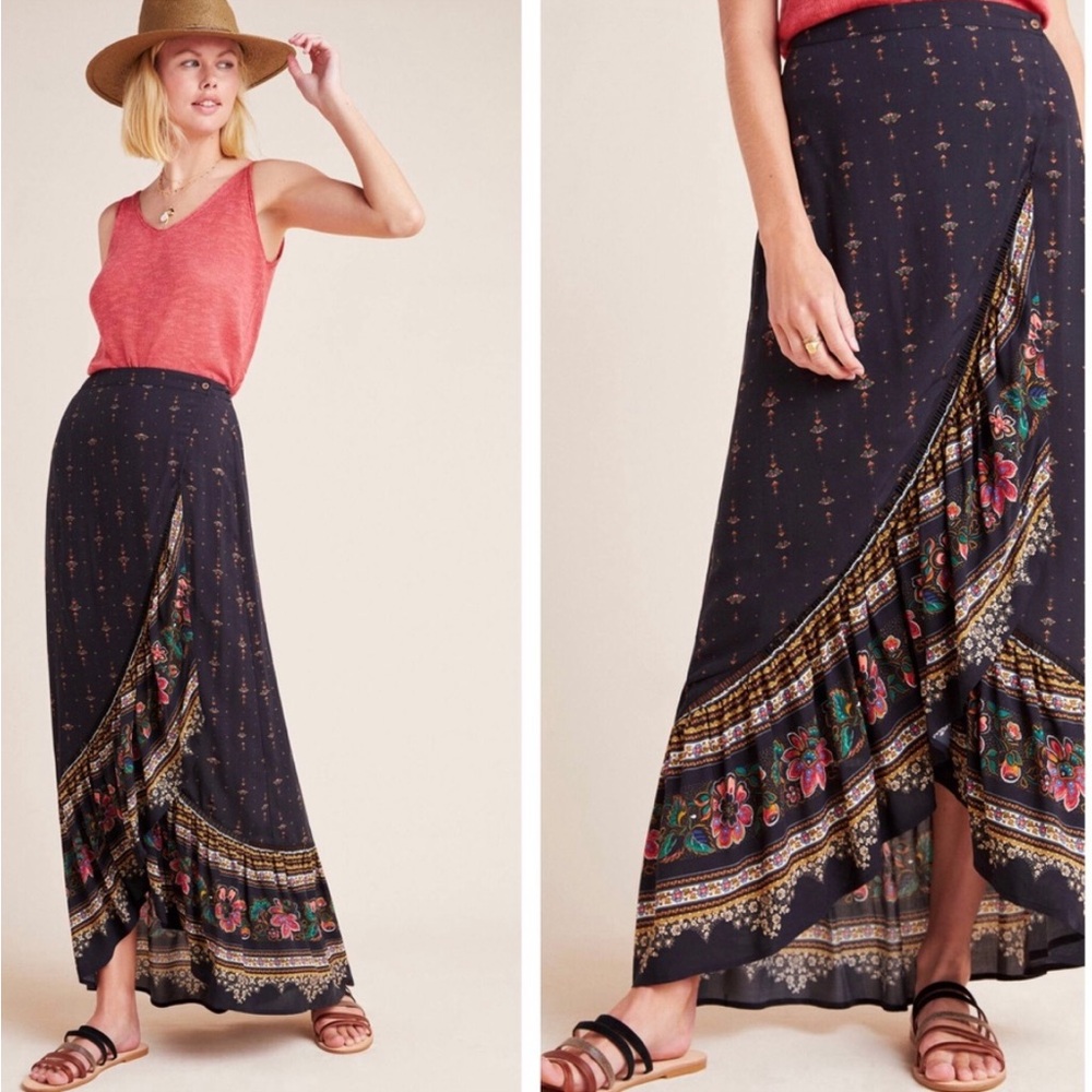 FARM Rio Black Maxi Wrap Skirt with Floral Border